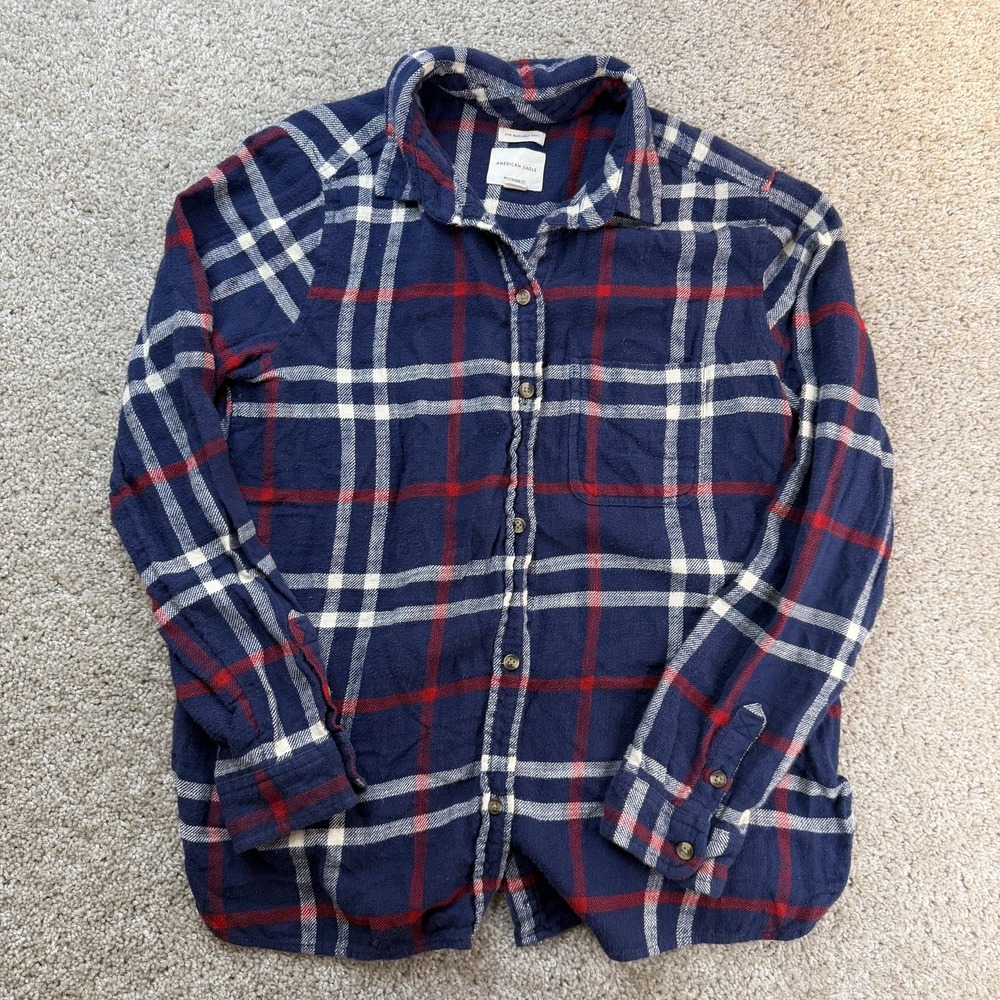 American Eagle Shirt Womens M Blue Red Plaid Flannel Boyfriend Button Up Top